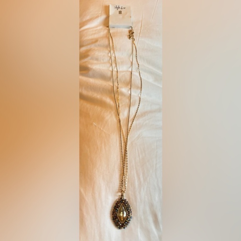 Style & Co MLT bead LG teardrop Pend tower adjustable long layered necklace